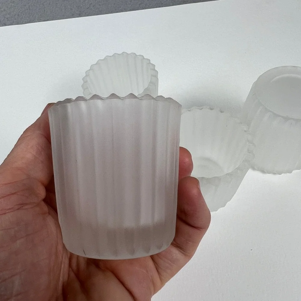 Scalloped Glass Votive Candle Holders Set of 4 White Frosted Ribbed